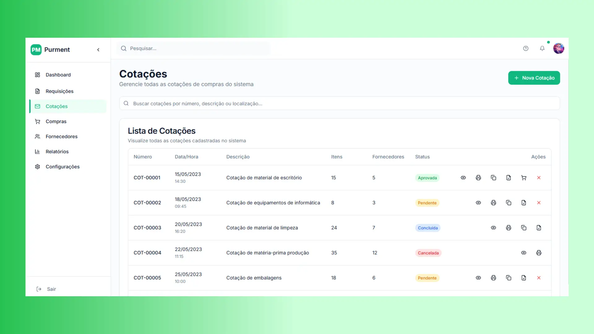 Cotações de preços com fornecedores
